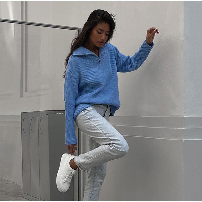 Yüksek yaka ve fermuarlı Ellie triko ceket