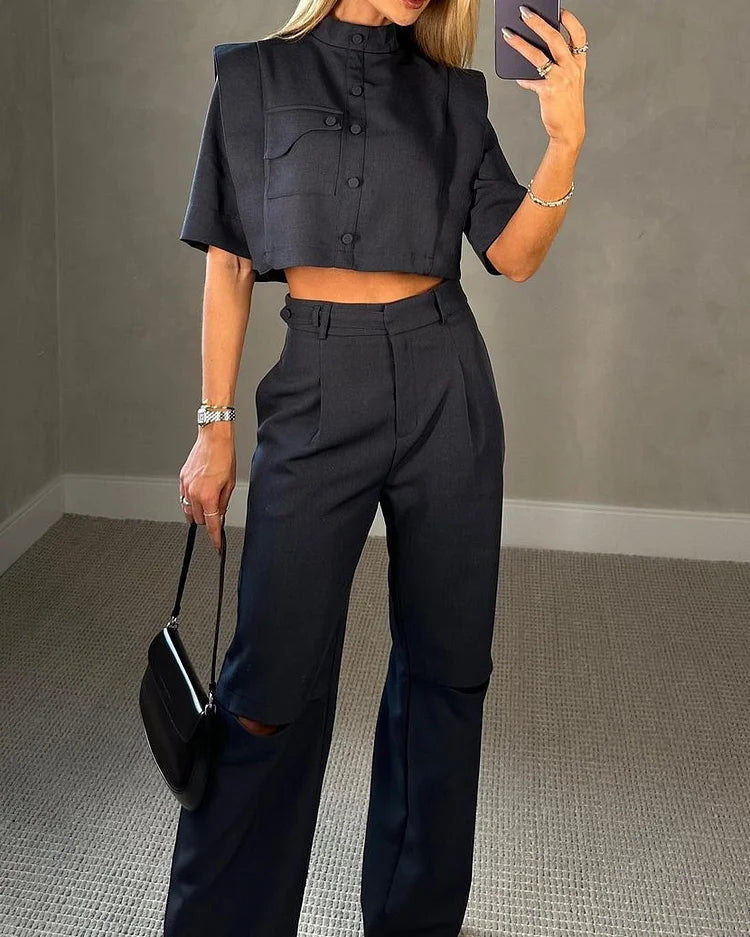Amanda Takımı: Kısa Bluz ve Yüksek Bel Pantolon
