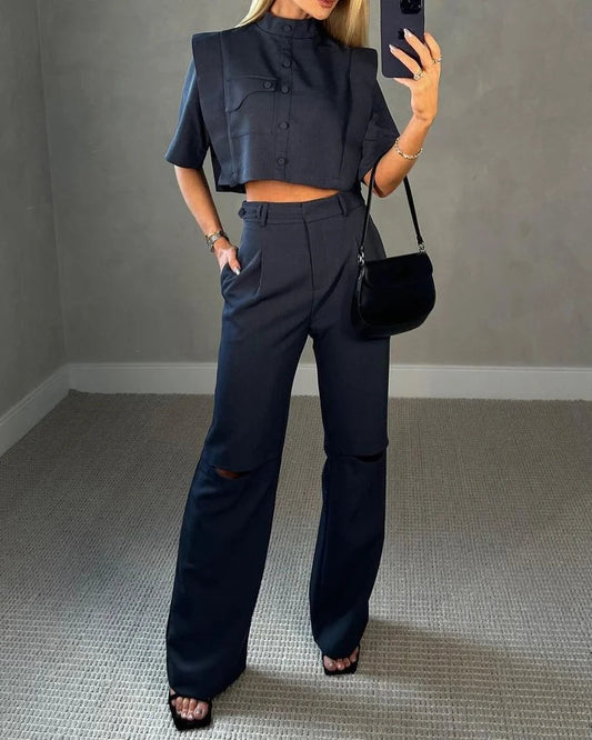 Amanda Takımı: Kısa Bluz ve Yüksek Bel Pantolon