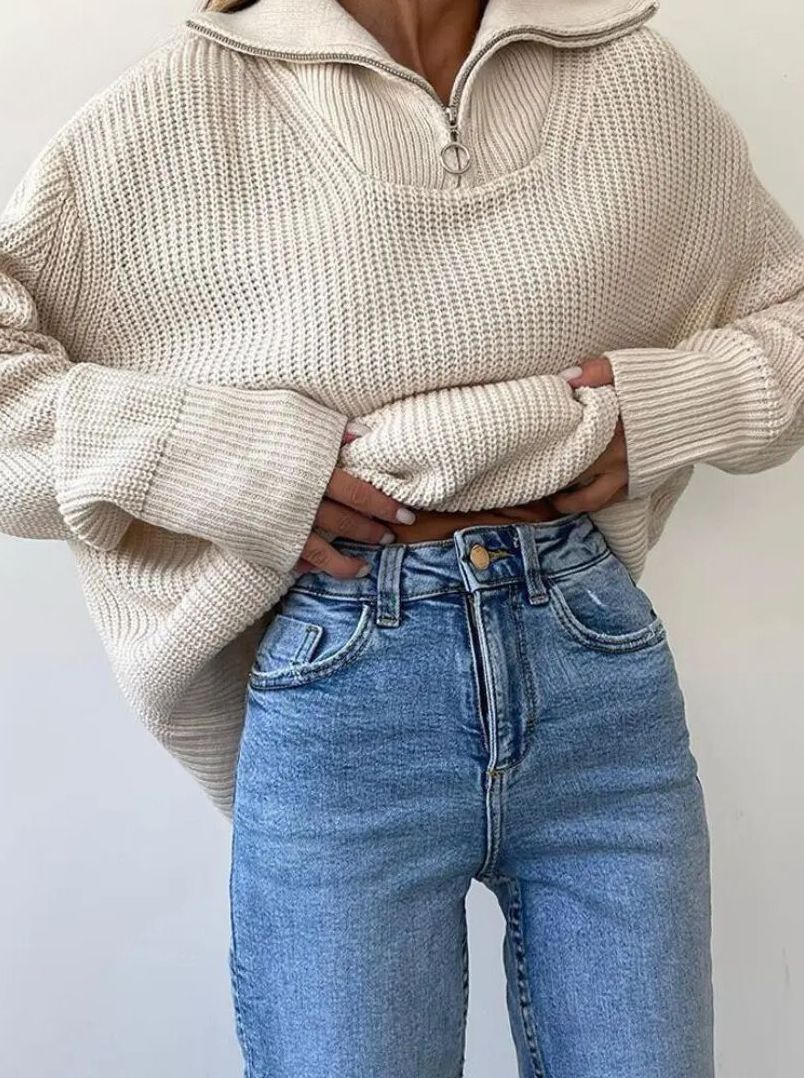 Yüksek yaka ve fermuarlı Ellie triko ceket