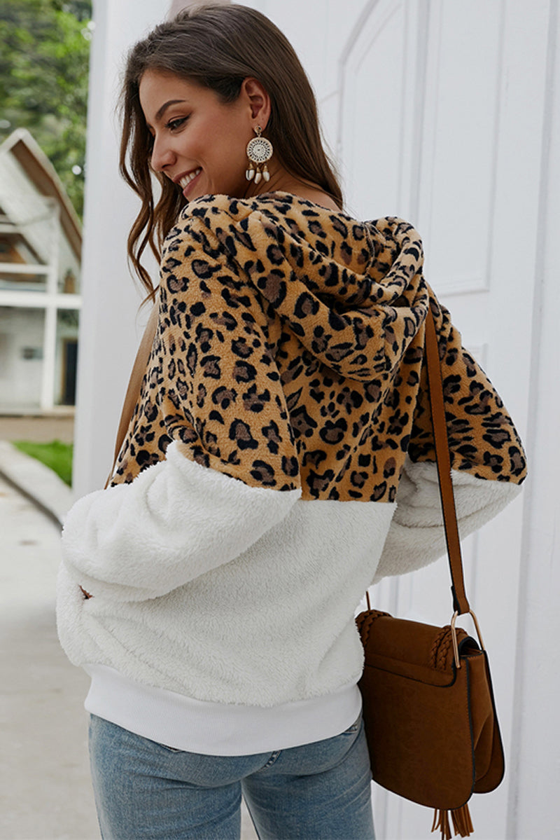Leopar Desenli Fermuarlı Kapüşonlu Sweatshirt