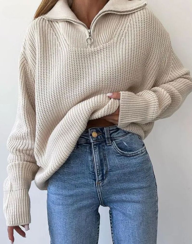 Yüksek yaka ve fermuarlı Ellie triko ceket