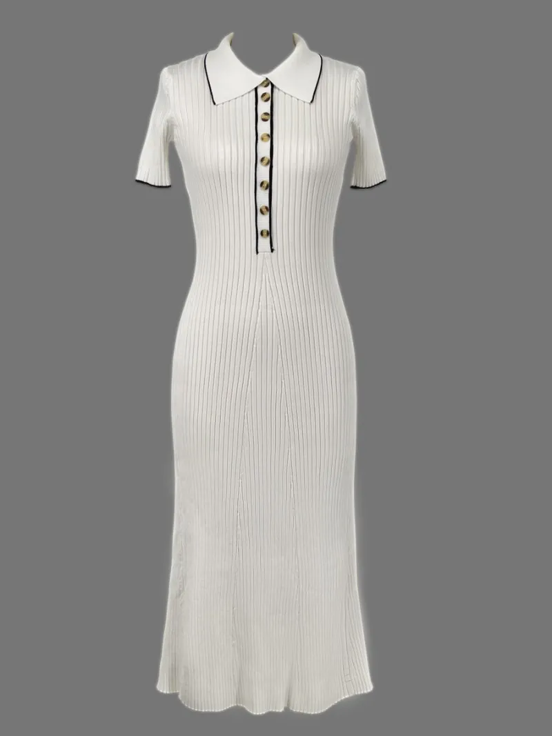 V yaka ve düğmeli Livy file elbise